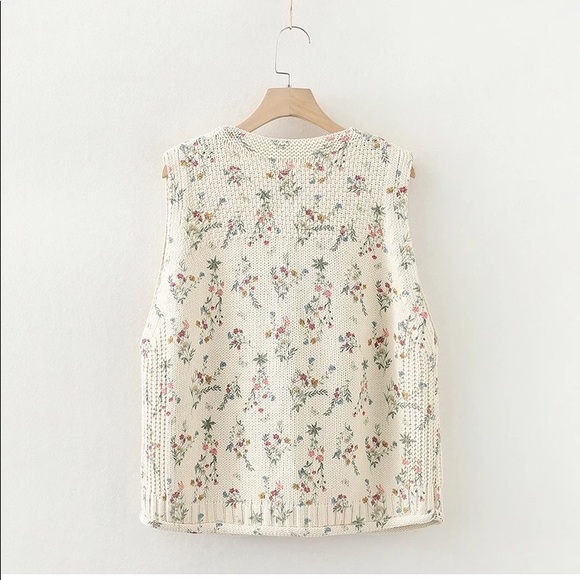Vest floral knit womens vneck top flower cream - Picture 3 of 5